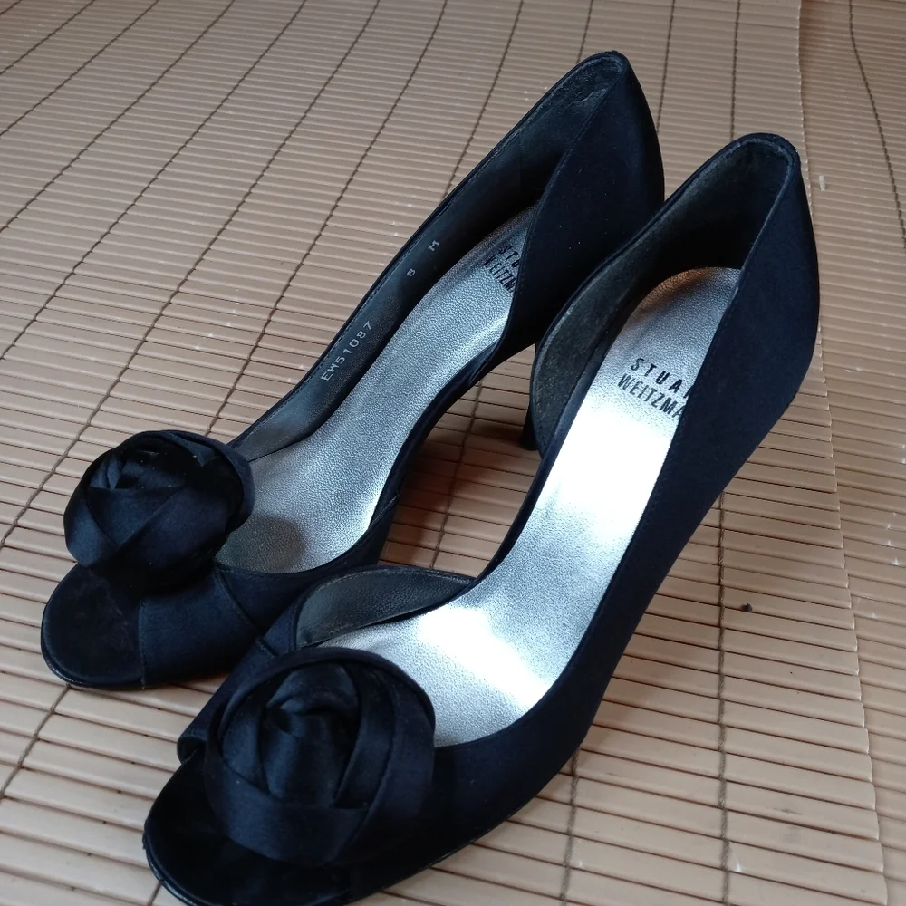 Stuart Weitzman 'Black Rose' black satin open toe_2